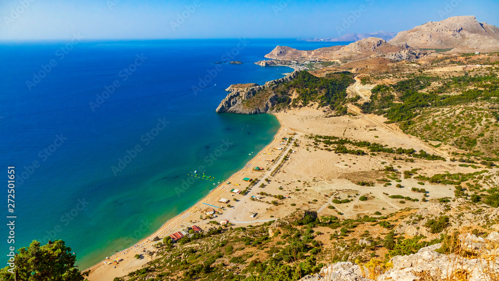 Aerian panoramic vew to the Tsampika beach in Rhodes, Greece