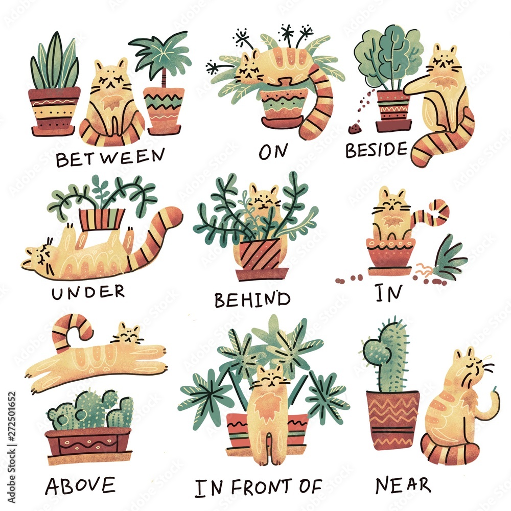 Cute hand drawn cat character in different poses with plant pot