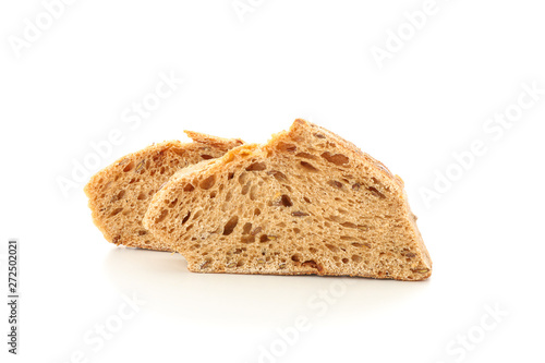 Wheat bread pieces isolated on white background. Bakery products