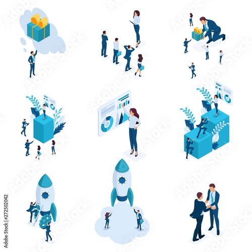 Large Isometric set of business concepts of startup creation and development, data analysis, data management. Vector illustration