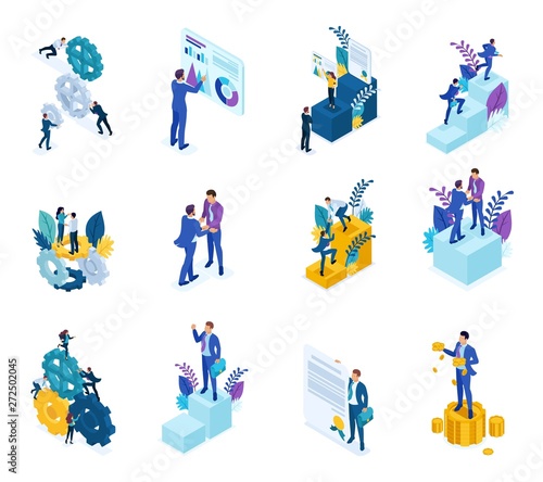 Isometric concept of the mechanism of business operation, Analytics data, to achieve the goal . For website and mobile application design