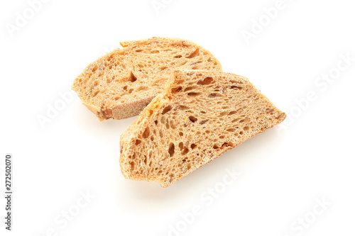 Wheat bread pieces isolated on white background. Bakery products