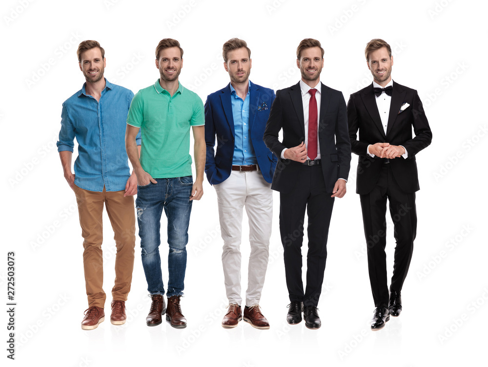 Same happy man posing in different positions and outfits Same happy man posing in different positions and outfits