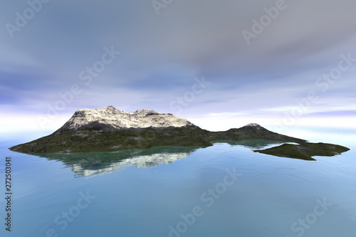 Island, a mediterranean landscape, snow on the peak, reflection on water and clouds in the sky.