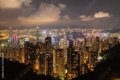 Night view of the Victoria Habour on top of Victoria Peak in Hong Kong, China