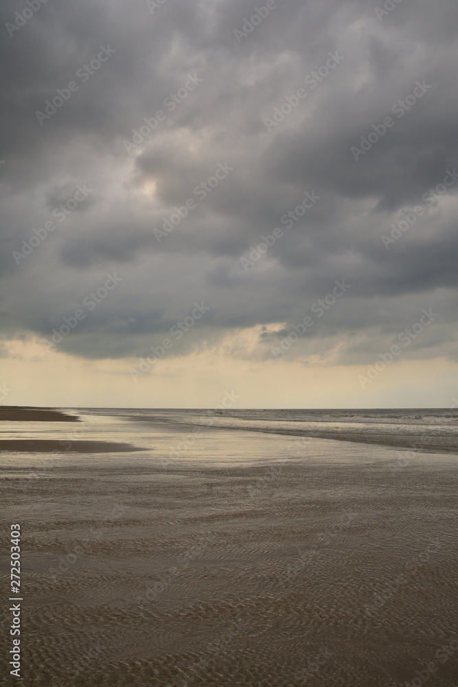 Fototapeta premium Plażą nad morzem w pochmurny dzień pod niebem z chmurami.