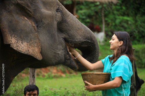 Girl having fun with elephants at Patara Elephant Farm, Chiang Mai, Thailand