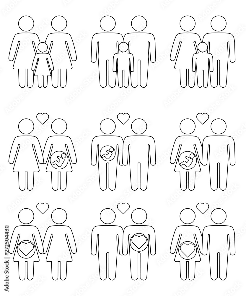 Gay, lesbian couples and family with children icons set Gay, lesbian couples and family with children icons set