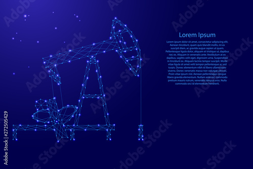 Oil pump from futuristic polygonal blue lines and glowing stars for banner, poster, greeting card. Vector illustration.