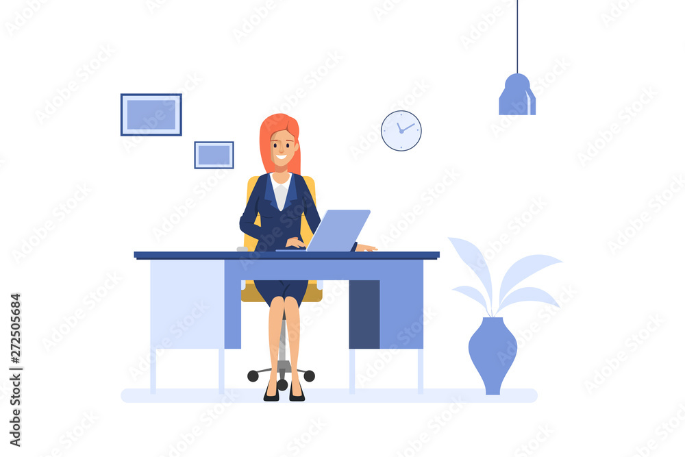 Business woman working at office desk with laptop. Administration operator job. Business people character. Business woman working at office desk with laptop. Administration operator job. Business people character.