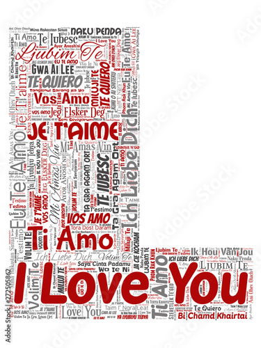 Vector conceptual sweet romantic I love you multilingual message letter font L red word cloud isolated background. Collage of valentine day, romance affection, happy emotion or passion lovely concept