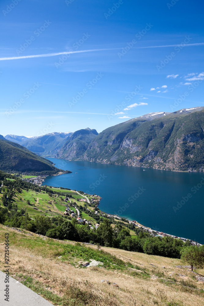Aurlandsfjord fjord in the Sogn og Fjordane county with mountain village Aurlandsvangen. Norway. Seen from route E16