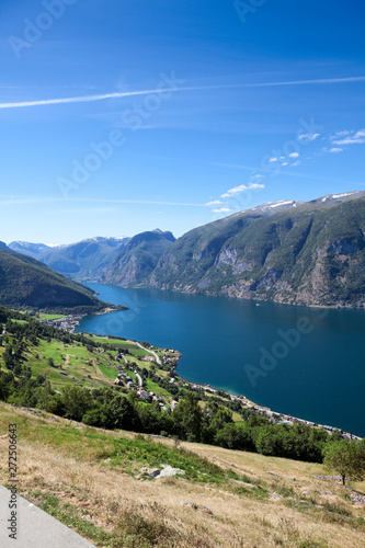 Aurlandsfjord fjord in the Sogn og Fjordane county with mountain village Aurlandsvangen. Norway. Seen from route E16 © Kekyalyaynen