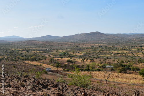 Beautiful mountain ranges in the panoramic arid landscapes of rural Kenya  Kilome Plains in Eastern Kenya