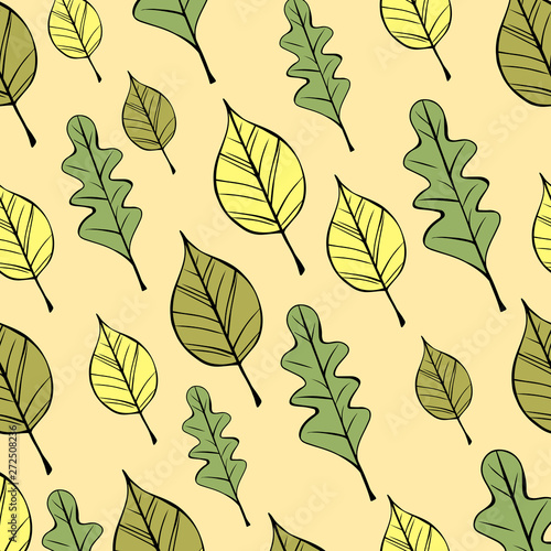 Cute hand drawn color vector seamless pattern. Yellow, green leaves isolated on background. Unique abstract texture for invitations, cards, websites, wrapping paper, textile. Botany, autumn, nature
