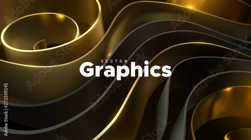 Black and golden curly ribbons. Vector 3d illustration. Quilling paper craft. Abstract background. Graphics for business presentation or web design. Trendy cover template
