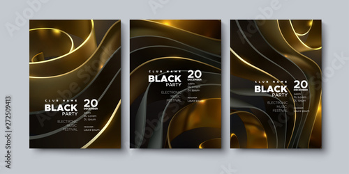 Electronic music festival. Modern posters design. Black party invitation. Abstract background. Black and golden geometric wavy shape or ribbons. Vector 3d illustration. Club invitation template.