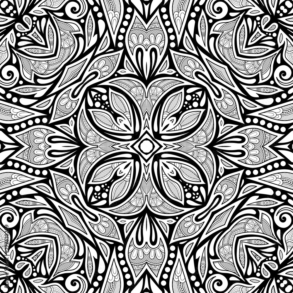 Monochrome Seamless Pattern with Floral Ethnic Motifs Monochrome Seamless Pattern with Floral Ethnic Motifs