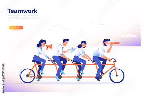 A team of four business people riding a bike. Partners work together to achieve common goals. Teamwork vector concept.