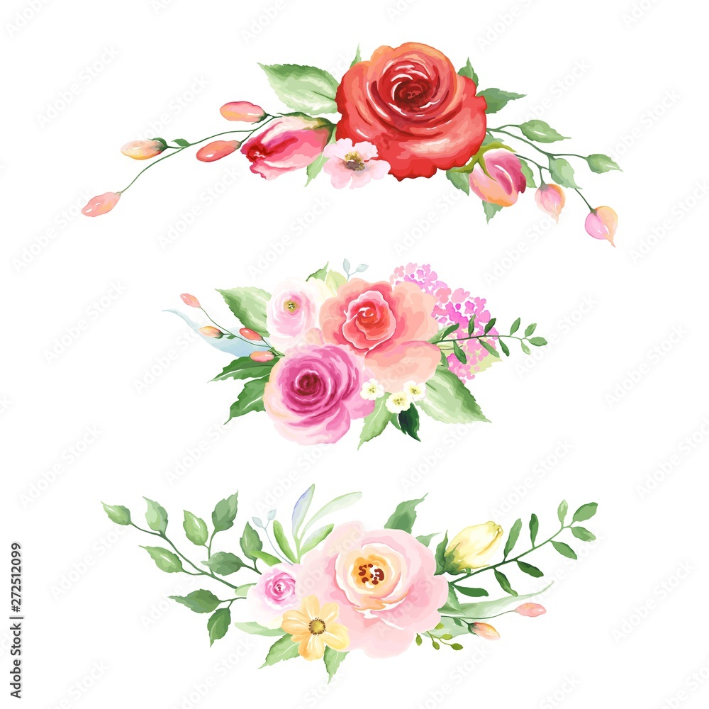 Collection of floral decors with roses, buds, leaves and abstract small flowers. Vector illustration in vintage watercolor style on white background.