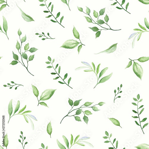 Seamless pattern with green leaves  vector illustration in vintage watercolor style. 