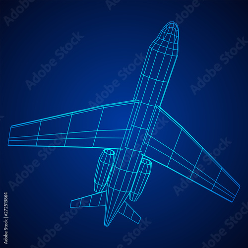 Private Jet Plane Abstract polygonal wireframe business luxury twin engine airplane. Travel aircraft  tourism and vacation concept. Wireframe low poly mesh vector illustration