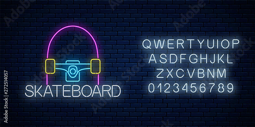 Skateboard glowing neon sign and alphabet. Skating zone symbol in neon style. Skateboard rent logo. Vector illustration