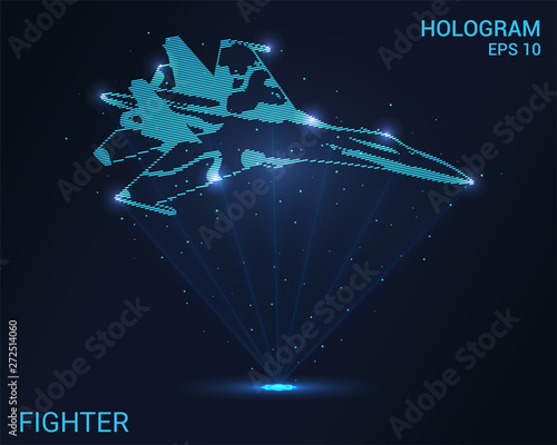 Hologram fighter. Holographic projection of the fighter. Flickering energy flux of particles. The scientific design of air aviation.