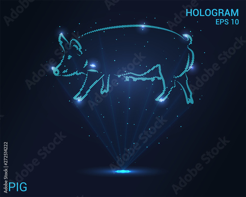 A hologram of a pig. Holographic projection of the pig. Flickering energy flux of particles. The scientific design of the pig farm.