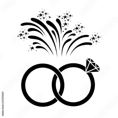 Marriage or engagement celebration icon. Bridal rings and fireworks. Vector Illustration 