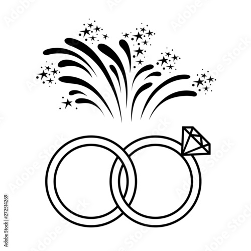 Marriage or engagement celebration line icon. Bridal rings and fireworks. Vector Illustration 