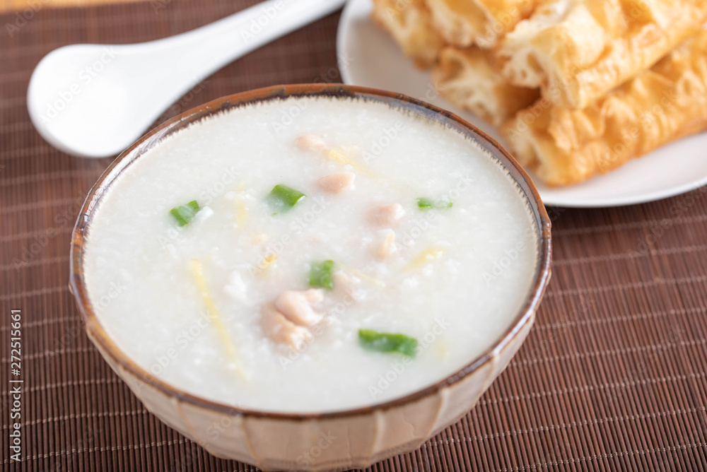 chinese chicken congee with bread stick