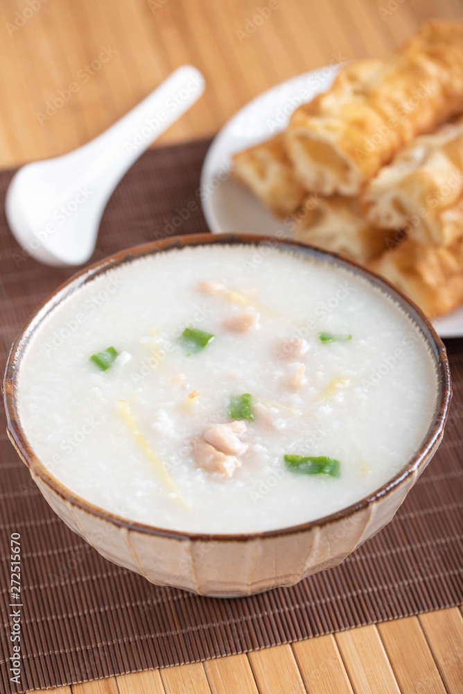 chinese chicken congee with bread stick