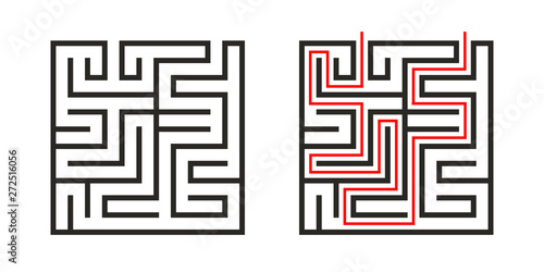 Education logic game labyrinth for kids. Find right way. Isolated simple square maze black line on white background.  With the solution. Vector illustration.