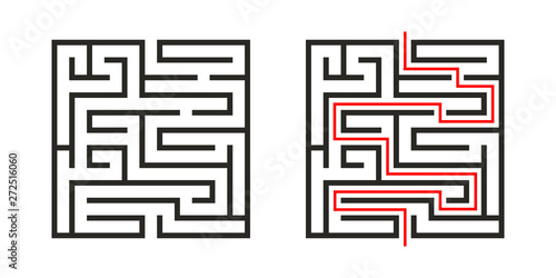 Education logic game labyrinth for kids. Find right way. Isolated simple square maze black line on white background.  With the solution. Vector illustration. photo