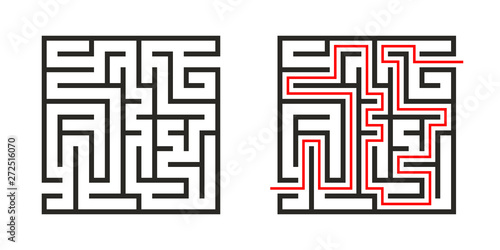 Education logic game labyrinth for kids. Find right way. Isolated simple square maze black line on white background.  With the solution. Vector illustration.
