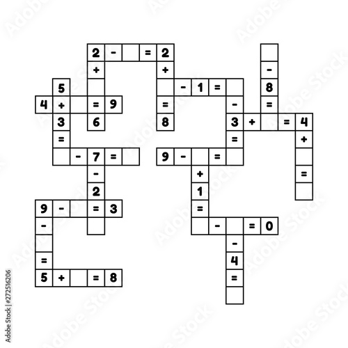 Math educational game for preschool and school age children. Vector illustration. Solve the crossword. Numbers. Addition and subtraction. Puzzle page.