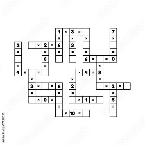 Math educational game for preschool and school age children. Vector illustration. Solve the crossword. Numbers. Multiplication. Puzzle page.