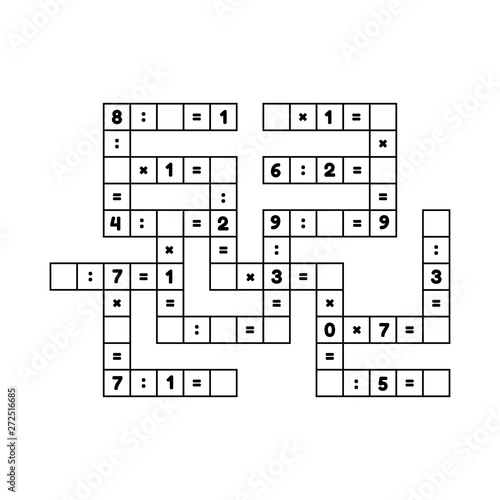 Math educational game for preschool and school age children. Vector illustration. Solve the crossword. Numbers. Multiplication. Puzzle page.