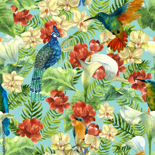 Tropical pattern with paradise birds, flowers and palms