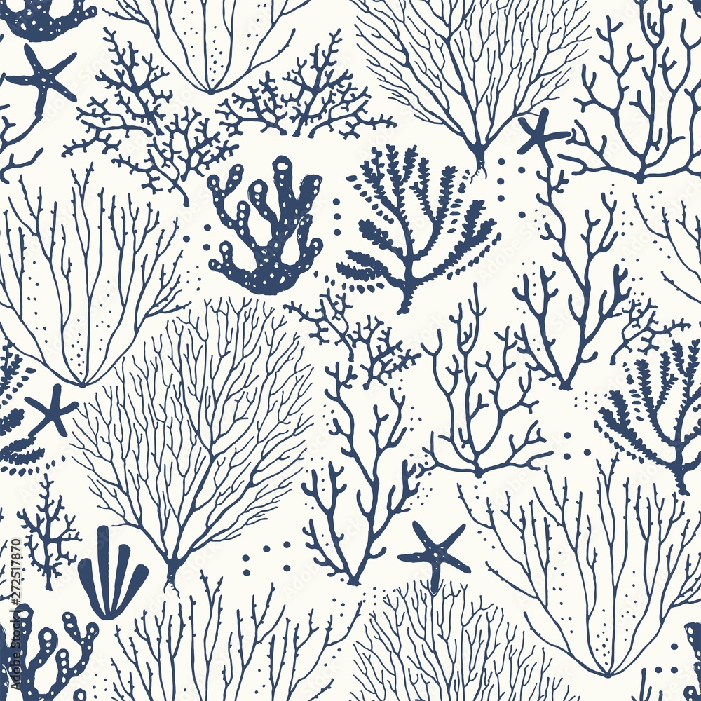 seamless-hand-drawn-pattern-with-coral-reef-and-starfishes-vector-dark