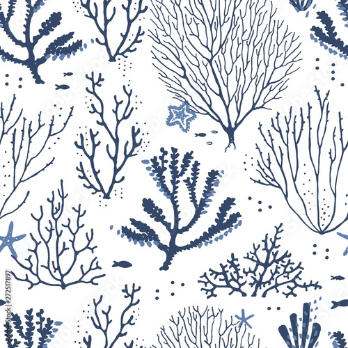 Seamless pattern sea coral reef dark blue and blue colors with fishes and starfishes. Vector hand drawn illustration on white background.