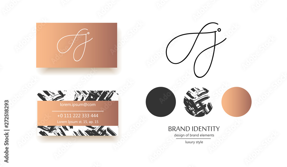 Creative monogram - hand drawn calligraphy sign. Business card design included. Uppercase A, H and J letter combination. Vector illustration.
