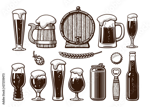 Vintage set of beer objects. Old wooden mug, barrel, glasses, hop, bottle, can, opener, cap. Engraving style vector illustration.