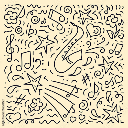 Doodle vector background, saxophone. Poster music concert, festival.. Poster music concert, festival.