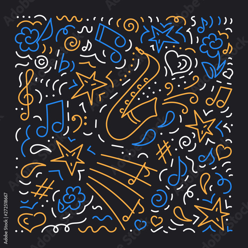 Doodle vector background, saxophone. Poster music concert, festival.. Poster music concert, festival.