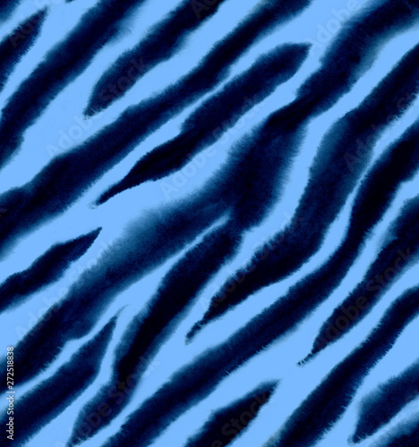 Seamless zebra watercolor pattern. Animal print. Black and blue stripes.