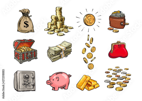 Cartoon finance money set. Sack of dollars, stack of coins, coin with dollar sign, treasure chest, stack of bills, falling coins, bank safe, piggy bank, gold bars, purse, wallet.