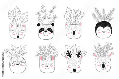 Vector cute house plant in funny animal pots.