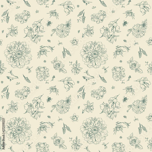 Pattern with floral ornament, toile de jouy. Garden flowers seamless background. Hand drawn illustration vintage style